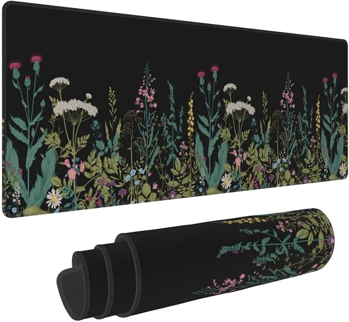 Weeds Flowers Large Gaming Mouse Pad Desk Mat, Cute Funny Gifts Big Keyboard Pad with Stitched Edges for Laptop, XL Long Extended Full Non-Slip Base Mousepad for Women Office Decor Black 31.5*11.8 In