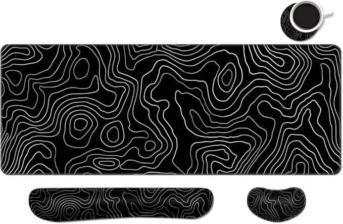 Desk Mat, Large Gaming Mouse Pad with Wrist Rest, 4 in1 XXL Mouse pad+Keyboard Wrist Rest+Mouse Pad Wrist Support+Cup Coaster Set, Ergonomic Desk Pad for Home Office, Topographic Line