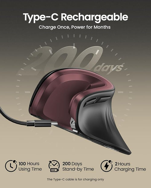 ProtoArc Ergonomic Mouse, EM11 NL Bluetooth Rechargeable Wireless Vertical Mouse, 3 Multi-Device Connectivity for Computer/PC/Laptop, 2.4GHz USB-A Optical Mice for Windows, Mac OS, Wine Red