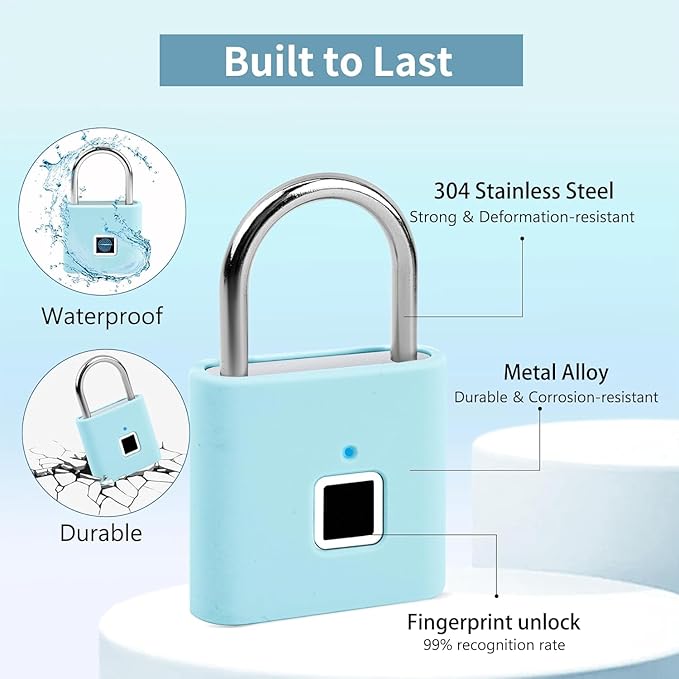 UMIKSMART Fingerprint Padlock with Silicone Protective Cover & Charm, Smart Keyless Padlock for School Locker, Gym Locker, Backpack and Travel Bag, Gift for Kids, Teens and Friends, Fun Blue Set