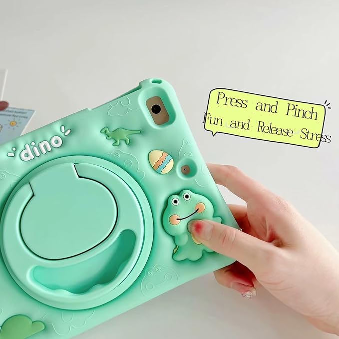 3D Cute Press Dinosaur Case for iPad 10th Gen (2022) 10.9 inch/iPad (A16) 11th 2025 11 inch,Cartoon Character Dinosaur Soft Silicone Rotating Stand Case with Lanyard for Kids Teens Girls Women