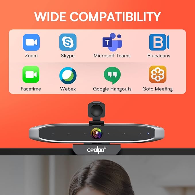 COOLPO Video Conference Camera 4K Webcam, Smart Gesture-Control Focus, AI Auto-framing w/ 110° FoV, Noise Reduction & Echo Cancellation 6 Microphones, for Video Conferencing Streaming, w/Cover