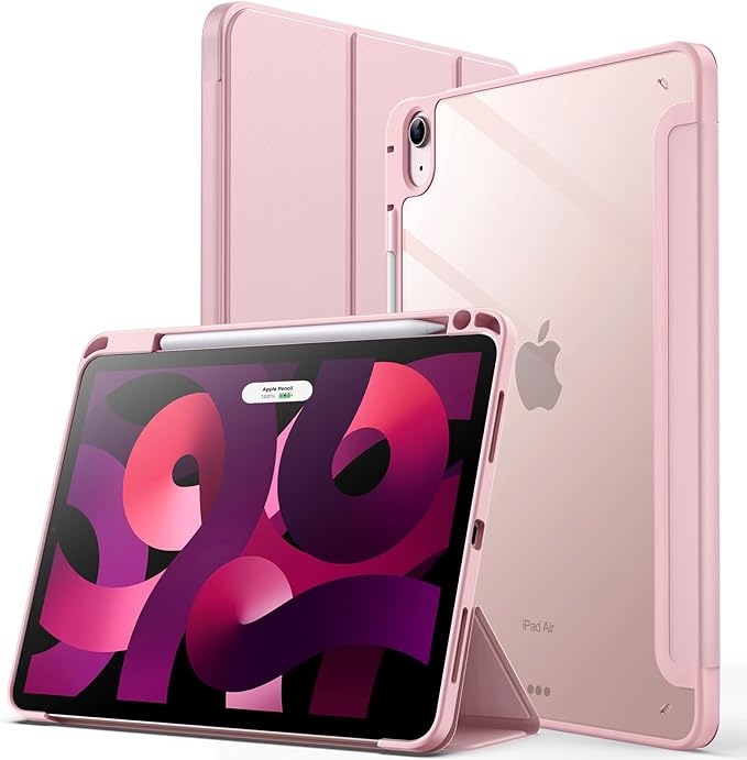 JETech Case ONLY for iPad Air 11-Inch M4/M3/M2 (2026/2025/2024), iPad Air 5/4 (2022/2020 5th/4th) with Pencil Holder, Clear Transparent Back Slim Stand Shockproof Tablet Cover (Pink)