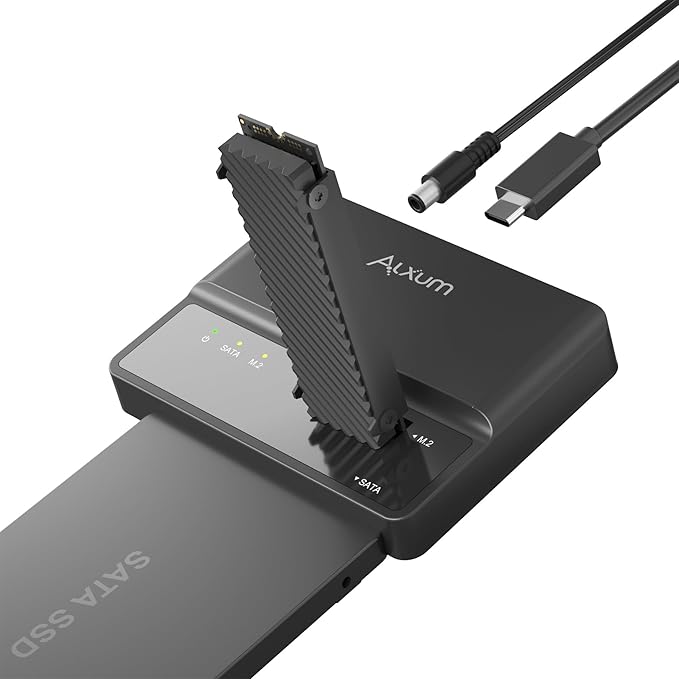 Alxum M.2 NVME SATA SSD Enclosure External-- 2 in 1 Tool-Free Portable 10Gbps USB 3.2 SSD Hard Drive Reader for 2230/2242/2260/2280 M/B+M Key PCIE NVME M.2 and 2.5" /3.5" SATA SSD