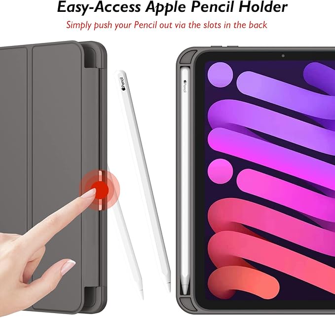 iMieet iPad mini 7 Case 2024 (A17 Pro), iPad mini 6 Case (8.3-Inch,2021 Model), iPad mini 7th/6th Generation Case with Pencil Holder, Trifold Stand Smart Case with Soft TPU Back,Space Gray