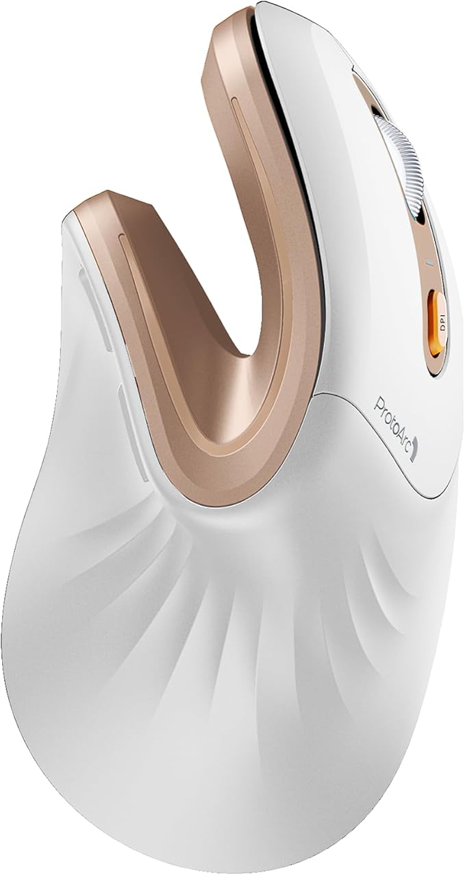 ProtoArc Ergonomic Mouse, EM11 NL Bluetooth Rechargeable Wireless Vertical Mouse, 3 Multi-Device Connectivity for Computer/PC/Laptop, 2.4GHz USB-A Optical Mice for Windows, Mac OS, White Gold