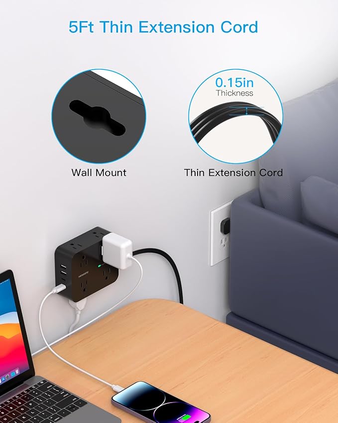 Power Strip Surge Protector, HANYCONY 5Ft Ultra Thin Flat Extension Cord with Multiple Outlets, 8 Widely Outlet Extender 4 USB Ports(2 USB C), 1080J Wall Mount for College Dorm Room Essentials Black