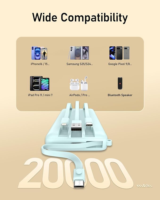VEEKTOMX Portable Charger Built-in Cables, Power Bank for iPhone, Fast Charge USB C Battery Pack Travel Essentials Powerbank Compatible with iPhone 17/16/15/14, Samsung S25/24