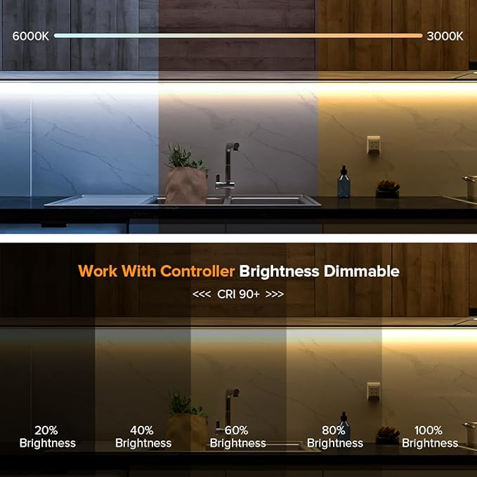 BTF-LIGHTING FCOB COB LED Strip CCT Tunable 3000K-6000K,UL Listed DC24V 16.4FT CRI 90+ Dimmable LED Tape Lights,640LEDs/m Dotless for Bedroom Kitchen Indoor Decor(No Adapter or Controller)
