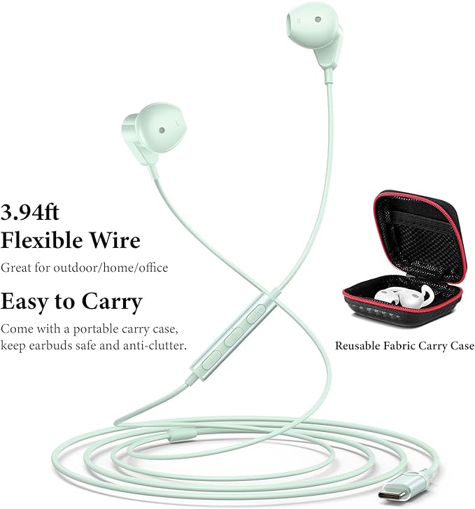 APETOO USB C Headphones for iPhone 17 Pro Max 16 15 Plus iPad USB-C Wired Earbuds with Mic Volume Control HiFi Stereo Type C Earphones for Galaxy S26/S25/S24/S23/S22 Ultra, Pixel 10 9 8 7, Mint Green