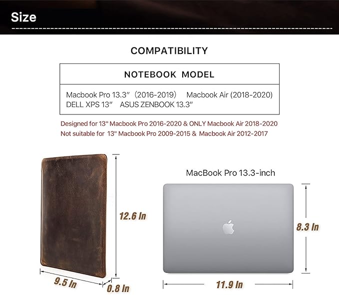 Top Grain Leather 13.3" Slim Laptop Sleeve Case Protector, Minimalist Vintage Design, Handmade, Compatible with MacBook Pro 13.3" MacBook Air M1/M2 ZENBOOK 13.3" & other PC, Coffee 13.3 Inch