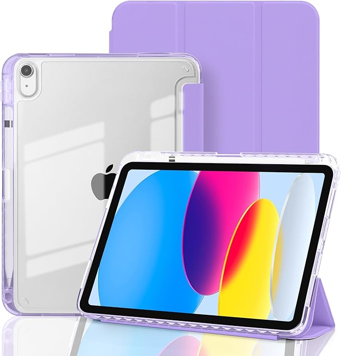 Case for iPad A16 11th Generation 11" 2025, iPad 10th Generation 10.9 Inch 2022, Hybrid Protective Cover with Pencil Holder, Clear Transparent Back Shell Anti-Yellowing Case, Lilac Purple