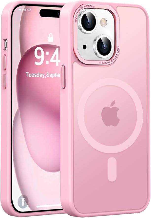 Newfuture Magnetic for iPhone 15 Case [Compatible with Magsafe] [Military Grade Drop Protection] Translucent Matte Anti-Fingerprint Shockproof Phone Case for iPhone 15 6.1 inch, Chalk Pink