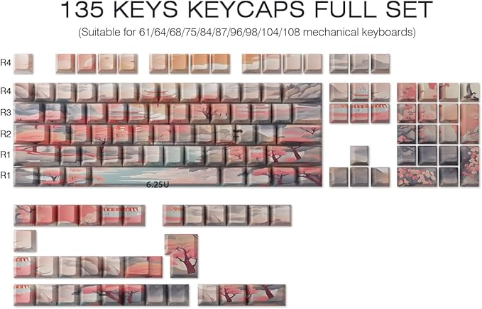 Tsungup Custom Keycaps 60 75 Percent,Pastel Side Print 135 Keys PBT Cherry Profile Shine Through Keycap Set, Dye-sub Key Caps Keyboard Keycaps for Mechanical Keyboards