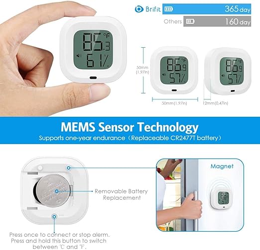 Wireless Thermometer Hygrometer for iPhone/Android, Smart Bluetooth Humidity Temperature Sensor with Alarm and Data Storage for Green House Guitar Camera Storage Humidor Incubator Monitor