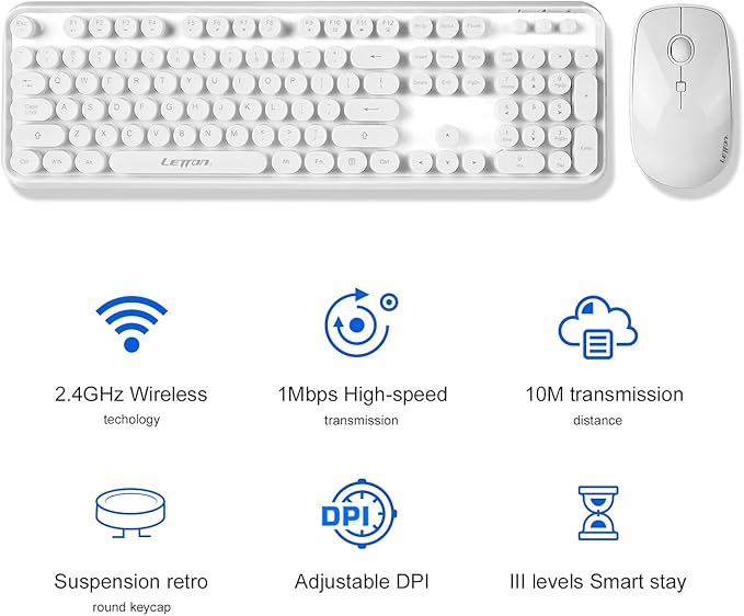 White Retro Typewriter Keyboard and Mouse Wireless Combo, Cute Wireless Keyboard with Retro Round Keycaps,2.4Ghz Full Szie Creamy Clicky & Satisfying Typing Keyboard&3 DPI Mouse for PC Laptop Desktop