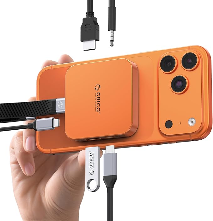 ORICO 10Gbps Magnetic M.2 Docking Station, 6-in-1 USB C HUB & M.2 2230 NVMe Enclosure with HDMI 4K@60Hz, USB-A&C 3.2, 100W PD, AUX, USBC Dock for iPhone 17/16/15 Pro/Pro Max