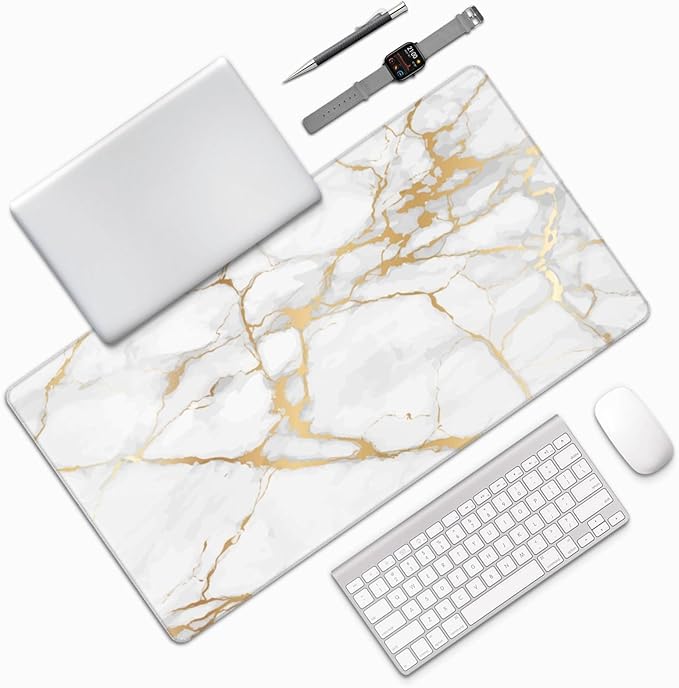 White and Golden Marble Large Extended Mouse Pads XL Mousepad with Stitched Edges Non-Slip Rubber Base Computer Keyboard Pad Desk Mat for Home Office Desk Decor, 29.5" X 15.8"