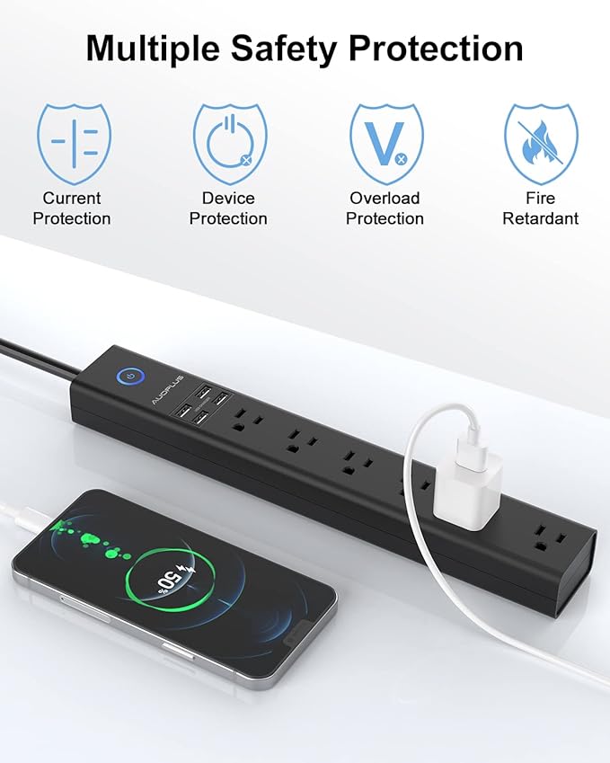 15 Ft Power Strip Surge Protector, 6 Outlets and 4 USB Ports, Flat Plug Power Strips Long Extension Cord with Overload Protection, Wall Mount for Home, Office, Dorm, ETL Listed