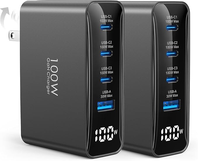 TOPADRE 100W USB C Charger, 4-in-1 Charging Station with LED Dispay, GaN Compact Foldable Laptop Charger for MacBook Pro/Air, iPad Pro, for iPhone 17/16/15 Pro Max, 2 Pack