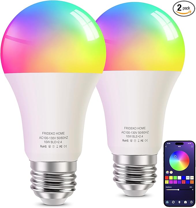 FRIDEKO HOME Smart Light Bulbs - Led Dimmible Color Changing Light Bulb for Home Works with Bluetooth Music Sync - A19 RGB Lightbulb for E26 Base with APP Control & Timer (2 Pack)