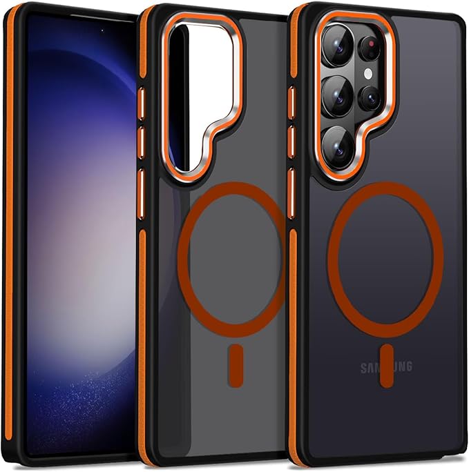 MALEWOLF Case for Samsung Galaxy S26 Ultra, Translucent Matte Cover Compatible with Magsafe, Military Grade Drop Resistant, Color Hybrid Non-Slip Phone Case for Galaxy S26 Ultra (Black/Orange)