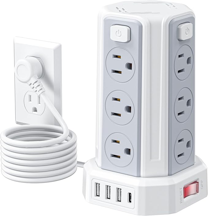Power Strip Surge Protector, 6.5 Ft Extension Cord with 12 AC Multiple Outlets 4 USB (1 USB C), SMALLRT Power Tower Desktop Charging Station