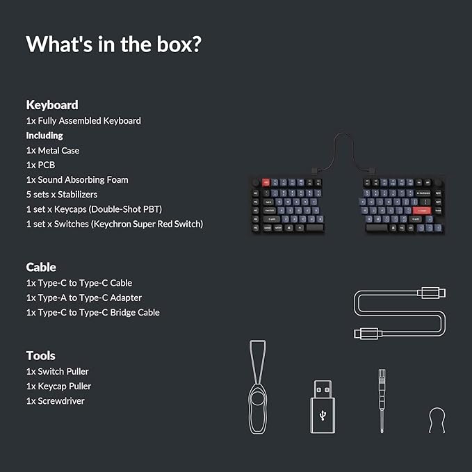 Keychron Q11 QMK/VIA TKL Split Keyboard Ergonomic, 91 Keys 75% Layout Wired Mechanical Gaming Keyboard Mac & Windows with Full Alu Frame, PBT Keycaps & Knobs, Hot-Swappable Keycrhon Super Red Switch
