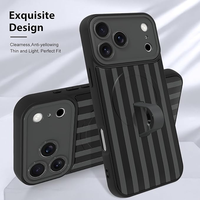 KANGHAR Compatible with iPhone 17 Pro Max Case, Support for MagSafe, Silicone Stripes Cute Pattern, Wristband Kickstand Camera Protection Soft Slim Cover for Girls Women -Black