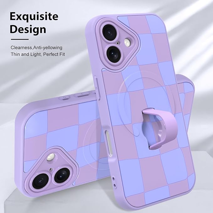KANGHAR Compatible with iPhone 17 Case, Support for MagSafe, Silicone Checkered Cute Pattern, Wristband Kickstand Camera Protection Soft Slim Cover for Girls Women -Purple