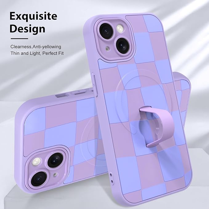 KANGHAR Compatible with iPhone 15 Case, Support for MagSafe, Silicone Checkered Cute Pattern, Wristband Kickstand Camera Protection Soft Slim Cover for Girls Women -Purple