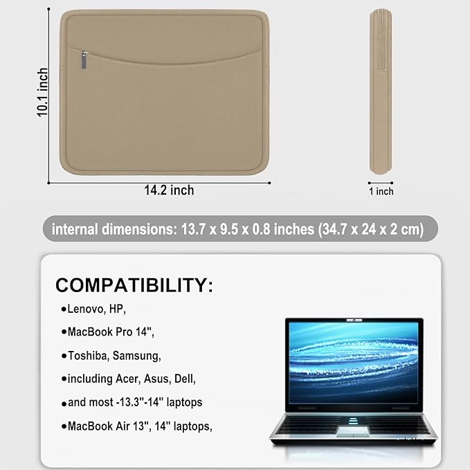 14 inch Laptop Case, Shockproof Protective Laptop Cover Briefcase Carrying Computer Bag with Accessory Pocket Portable Computer Sleeve for 14" MacBook, HP, Dell, Lenovo, Acer, Khaki