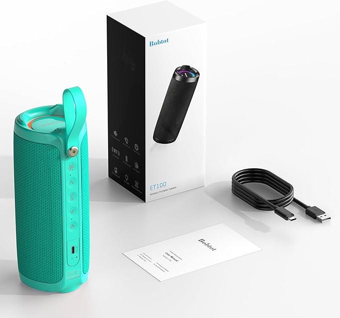 Bobtot Portable Bluetooth Speaker, IPX6 Waterproof Speaker with Punchy Bass, 15W Loud Sound, RGB, 15H Playtime, Dual Pairing for Party, Camping, Beach, Teal