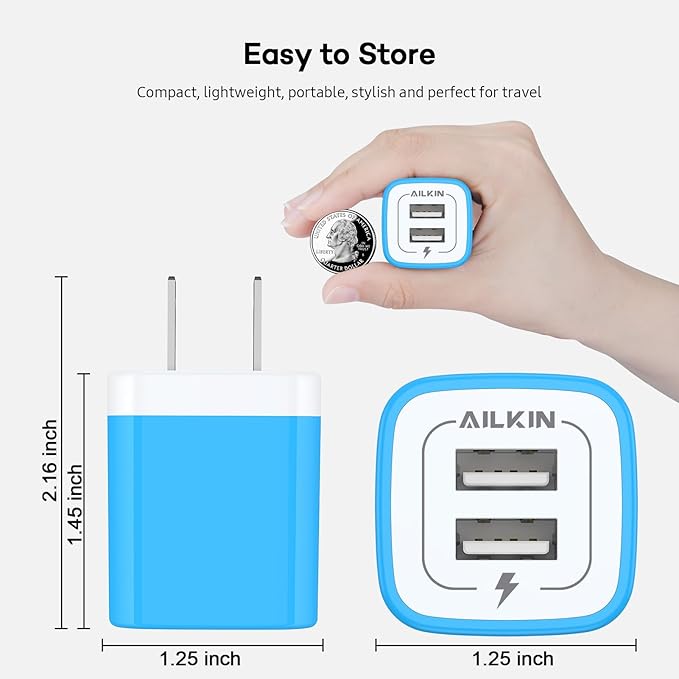 USB Wall Charger, [2-Pack] 5V/2.1AMP AILKIN 2-Port USB Wall Charger Home Travel Plug Power Adapter Charging Box for iPhone 17 Air 16 16e15 14 13 12 Pro Max Mini SE 11 11Pro Plus, Samsung Galaxy, Moto
