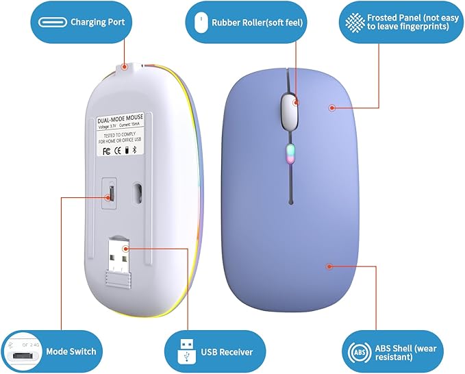 Wireless Bluetooth Mouse, Rechargeable, LED, Silent, Ultra-thin Design (Bluetooth 5.2 and 2.4GHz USB Receiver) | Portable Computer Mouse for Laptops, iPads, MacBooks and Apple Devices (purple)
