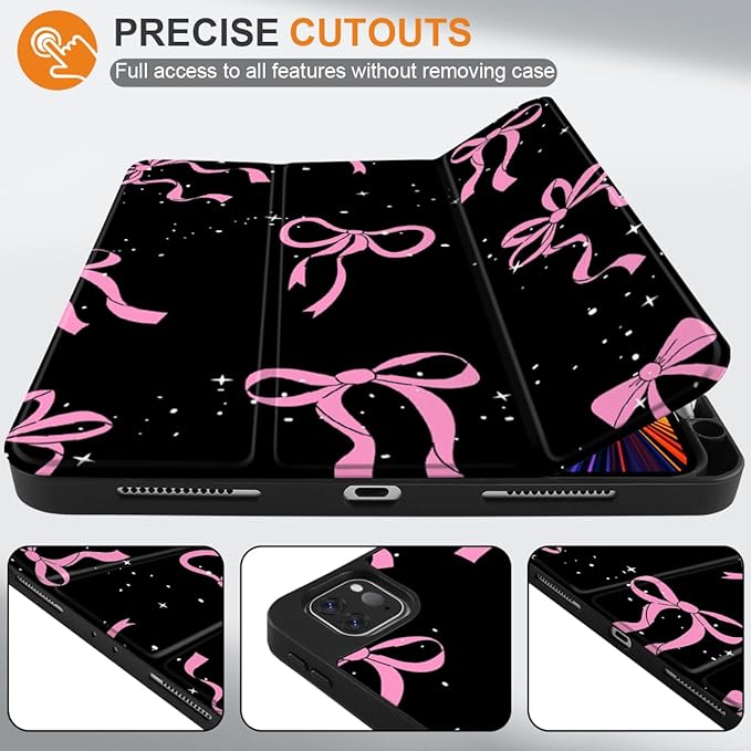 DONGKE Case for 2022/2021/2020/2018 iPad Pro 11 inch Gen 4/3/2/1 - Slim Protective Case - Built in Pencil Holder Support Charging - Trifold Stand & Sleep/Wake Cover - Bows & Stars
