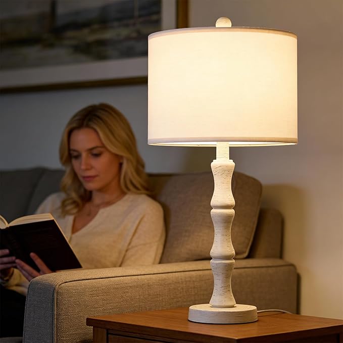 BOBOMOMO 25" Farmhouse Bedside Lamps Set of 2, Vintage Nightstand Lamps with Antique White Resin Base & Linen Shade, Standard Table Lamps for Bedroom, Living Room, End Table & House Décor