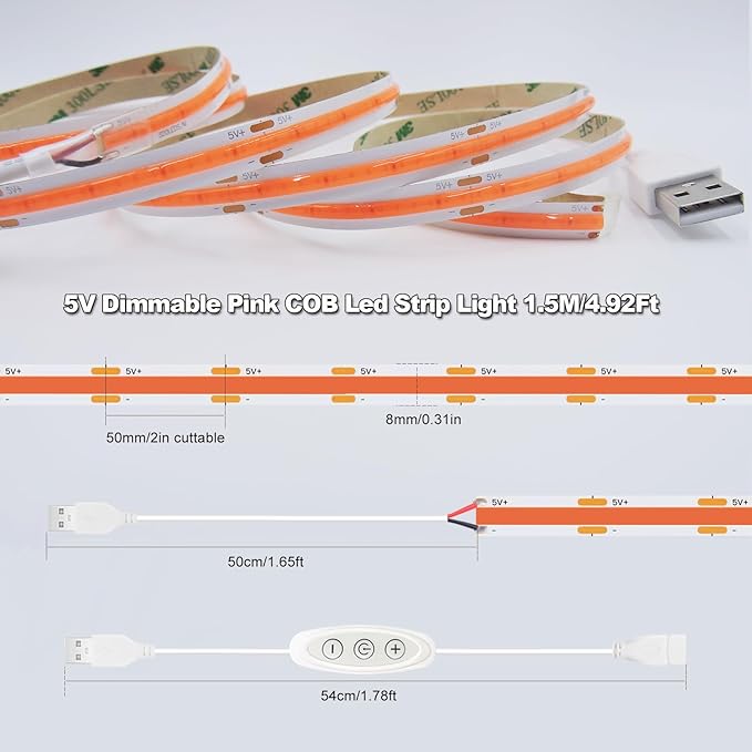 Pink LED Strip Lights USB 5V 4.9ft Small Dimmable COB Light Strip with USB Dimmer Switch for Bedroom, Gaming Setup, TV Backlighting, Vanity Mirror, DIY Crafts, Pink Room Decor