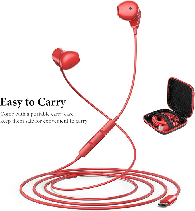 APETOO USB C Headphones for iPad Pro iPhone 17/Air/16e/15/16 Pro Max Plus, HiFi Stereo USB-C Wired Earbuds with Microphone Volume Control Type C Earphones for Samsung S25 S26 S24/S23/S22/S21/S20, Red