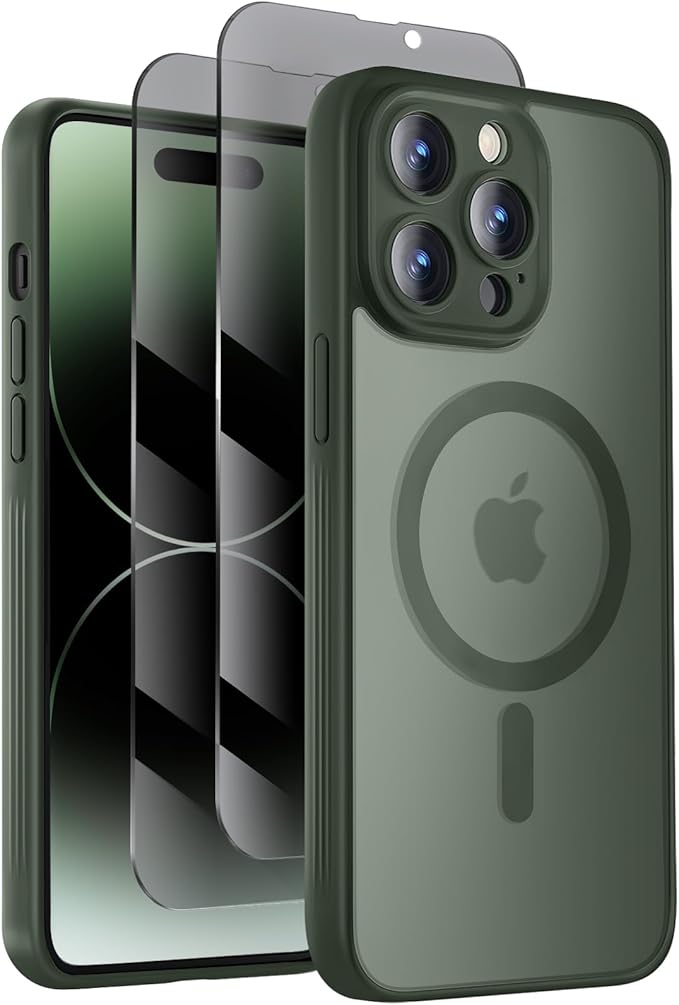Symcele Designed for iPhone 14 Pro Case, Compatible with MagSafe, with Privacy Screen Protectors X2, [Camera Protection] [15FT Military Drop Protection] Shockproof Phone Case, 6.1", Alpine Green