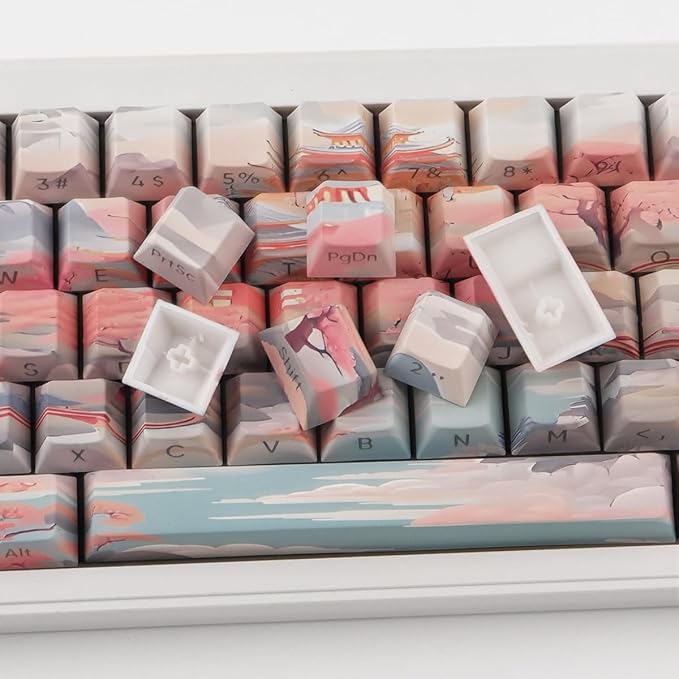Tsungup Custom Keycaps 60 75 Percent,Pastel Side Print 135 Keys PBT Cherry Profile Shine Through Keycap Set, Dye-sub Key Caps Keyboard Keycaps for Mechanical Keyboards