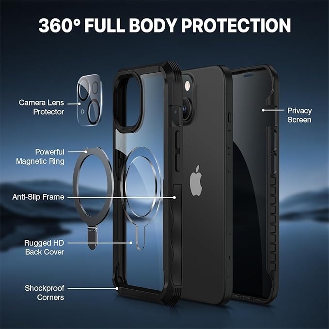 CENHUFO Privacy for iPhone 15 Plus Case, Full Body Phone Case [Compatible with Magsafe] Built-in 9H Tempered Glass Privacy Screen Protector and Magnetic Ring Stand, Clear Camera Lens Cover - Black