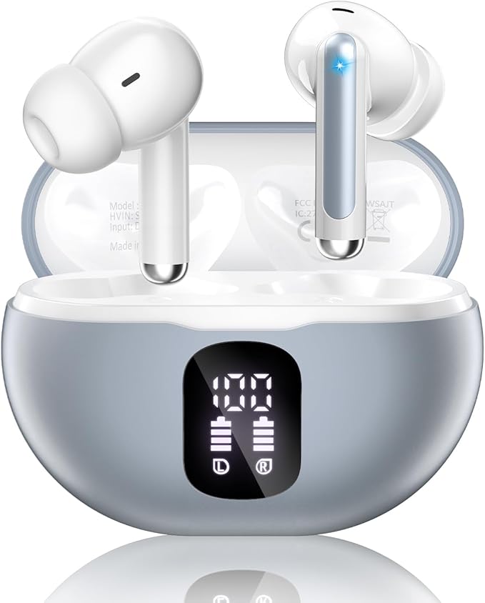 Wireless Earbuds, Bluetooth 5.4 Headphones with 50H Playback, Deep Bass Stereo Ear Buds Clear Calls with LED Power Display, IPX7 Waterproof, in-Ear Earphones with Mic for Phone/Android/iPad, Ash Gray
