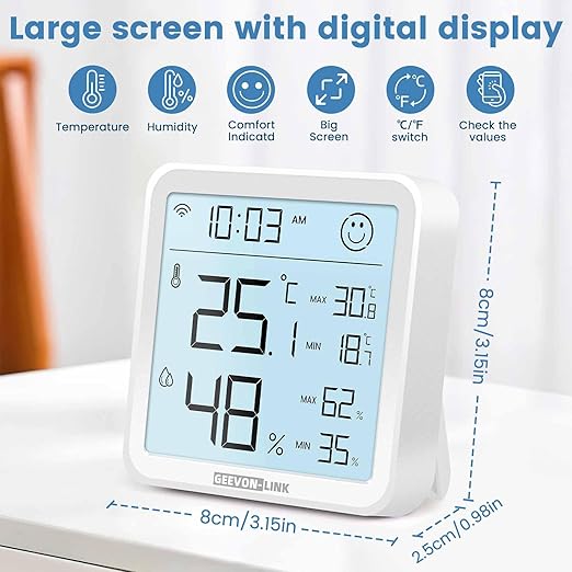 WiFi Indoor Hygrometer Thermometer, Smart Digital Bluetooth Humidity Temperature Gauge with Large LCD Display, Notification Alert with Max Min Records, 1-Years Data Storage Export for Room