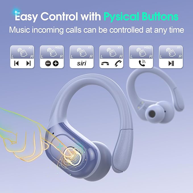 Wireless Earbuds 75hrs Bluetooth 5.4 Headphone Sport, 2026 Bluetooth Earbuds Hifi Stereo Over Ear Bud with Earhooks, ENC Noise Cancelling Mic, IPX7 Waterproof Earphone for Gym/Workout, Purple Blue