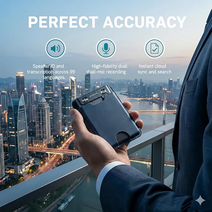 MMQ AI Voice Recorder with Real-Time Interpreter, AI Transcription, Summarize, 120+ Languages, Note Taker and Live Translation for Calls and Meetings, Ultra-Slim, APP Control, Case Included