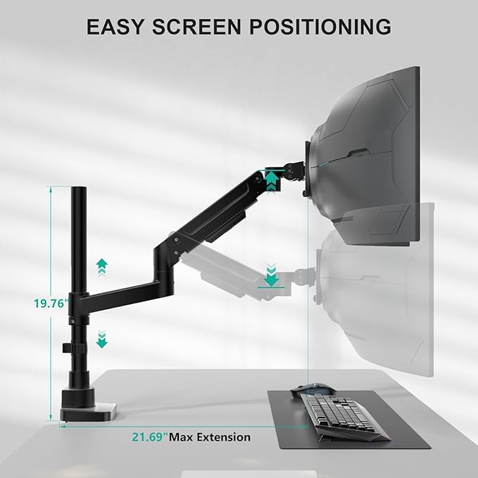 WALI Heavy Duty Monitor Arm Desk Mount for 13-43 Inch Ultrawide Screens, Single Monitor Arm with Full Motion Tilt, Swivel, Rotation, Holds up to 44 lbs, C-Clamp Mount for VESA 75/100mm (GSDM001-P)