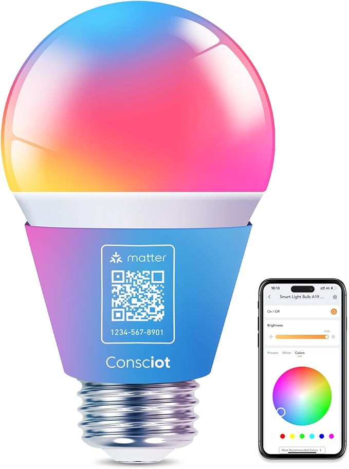 Consciot Smart Light Bulbs, WiFi Color Changing LED Light Bulb, A19 E26 RGBTW Light Bulbs That Works with Alexa/Google Home/Apple Home/Siri, Music Sync, 60W Equivalent Bluetooth Light Bulb, 1 Pack