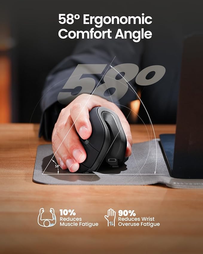 ProtoArc Ergonomic Mouse, EM11 NL Bluetooth Rechargeable Wireless Vertical Mouse, 3 Multi-Device Connectivity for Computer/PC/Laptop, 2.4GHz USB-A Optical Mice for Windows, Mac OS, Gray