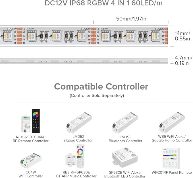 BTF-LIGHTING IP68 Waterproof Outdoor RGBW LED Strip 5050SMD RGB+Warm White(3000K-3500K) 4 Color in 1 DC12V 16.4ft 5m 60LED/m Multi-Colored Light White PCB Can Work Outdoor(No Adapter or Controller)